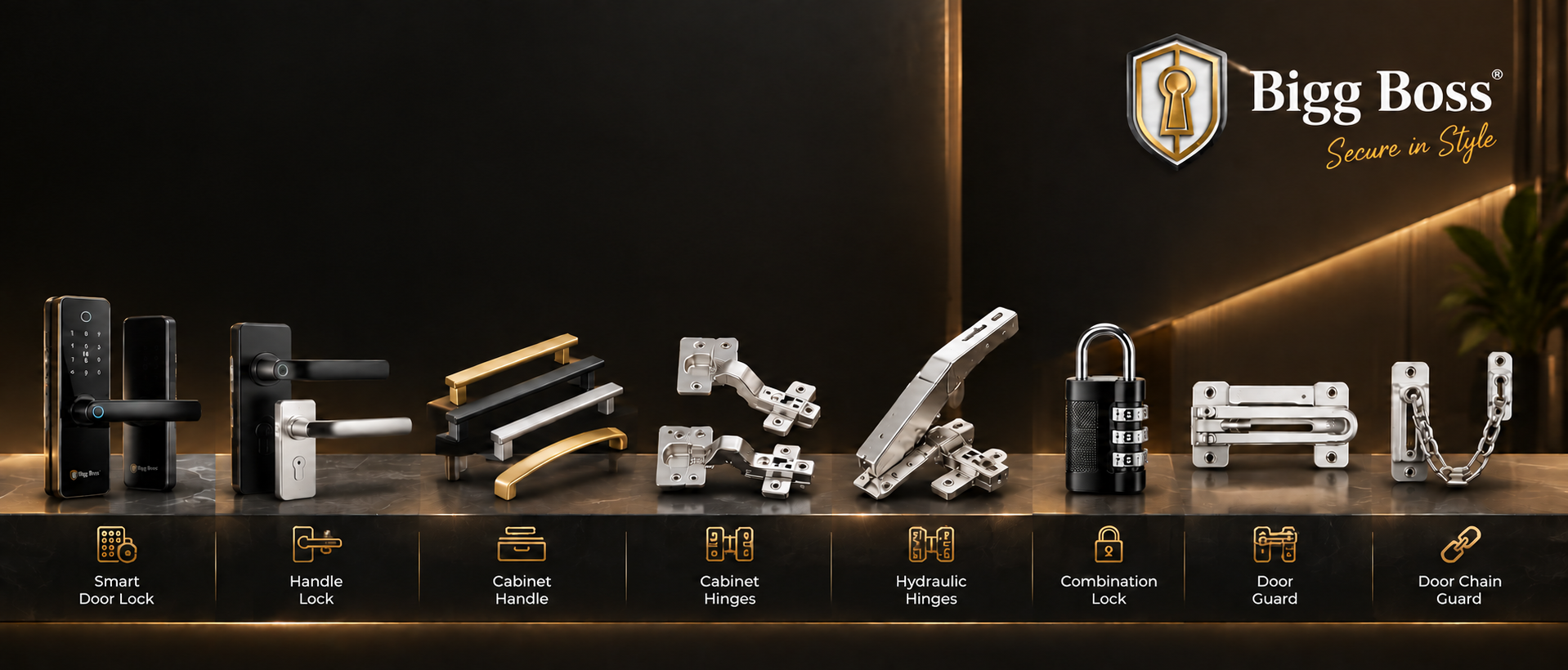 Bigg Boss product range: smart door locks, handle locks, cabinet handles, hinges, combination locks, door guards and door chain guards